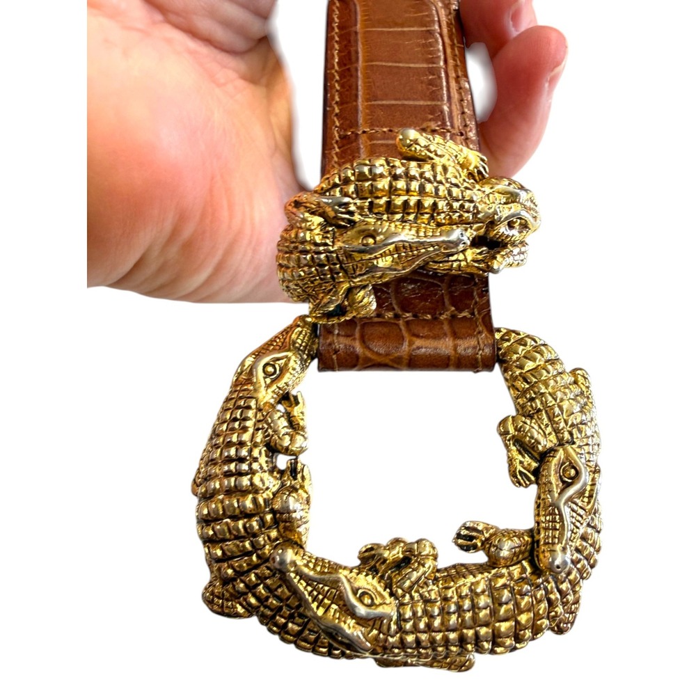 Talbots Vintage Brown Crocodile Embossed Leather Alligator Buckle Belt Italy S - Picture 2 of 7